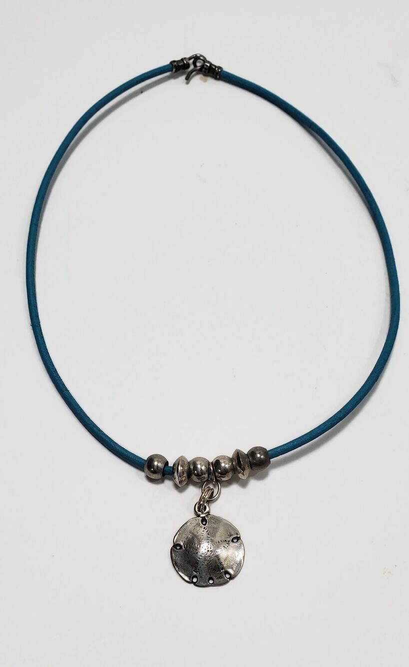 Sterling Silver Sand Dollar Blue Leather Cord Choker Necklace 14 in.